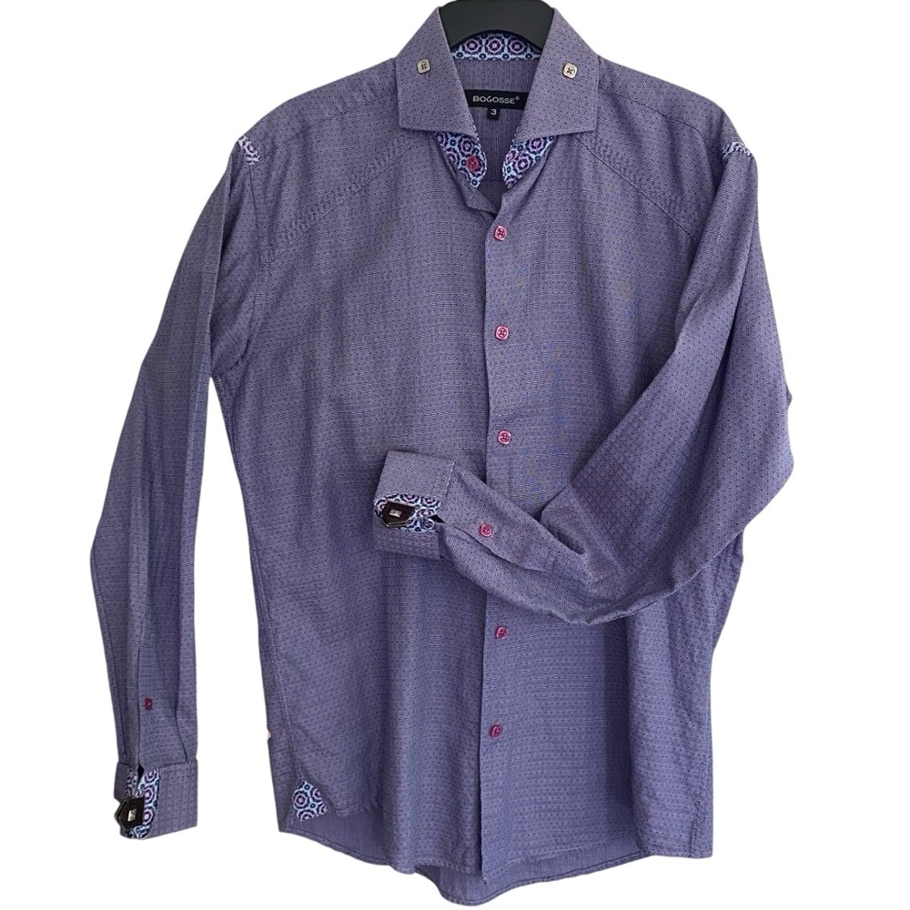 BOGOSSE Flip Cuff Purple Contrast Trim Shirt Men’s Size 3 Made In Turkey